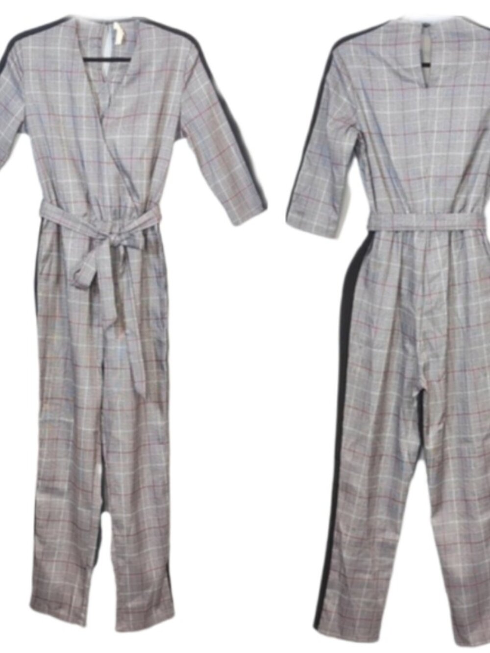 Anthropologie Solitaire Glen Plaid Jumpsuit Womens Small Black Belted Wrap